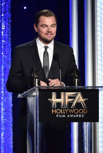 BEVERLY HILLS, CA - NOVEMBER 06: Producer Leonardo DiCaprio, recipient of the "Hollywood Documentary Award" for "Before The Flood", speaks onstage during the 20th Annual Hollywood Film Awards on November 6, 2016 in Beverly Hills, California. (Photo by Alberto E. Rodriguez/Getty Images)