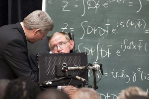 Prime Minister Stephen Harper (left) thanks Professor Stephen Hawking after a funding announcement at the Perimeter Institute in Waterloo, Ontario on Tuesday July 6, 2010. THE CANADIAN PRESS/Frank Gunn